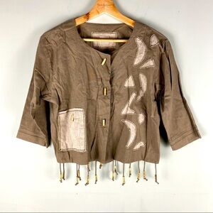 Tara Vao Artsy Linen Beaded Toggle Tassel Canvas Patchwork BOHO Blouse Size 1 XS